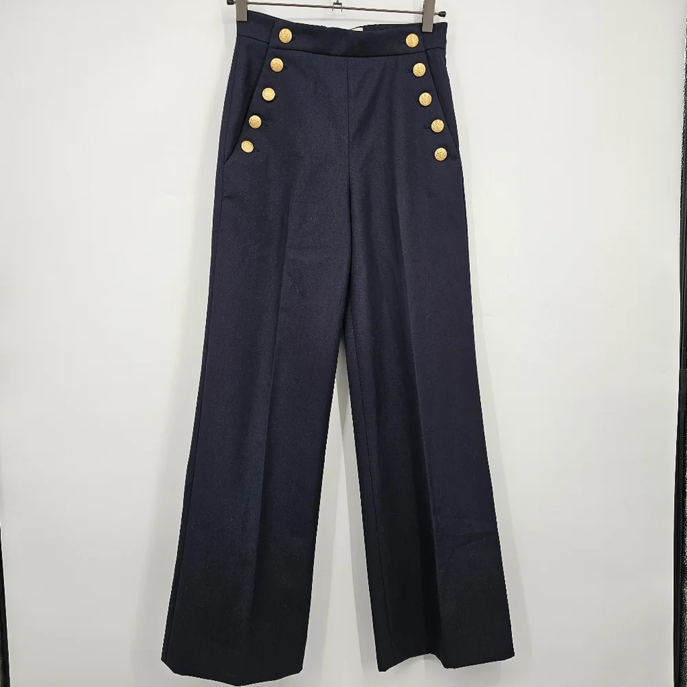 Sézane Marino Navy Wool Wide Leg Trouser Pants High Waist EU 32 / US 4 / XXS - Picture 2 of 8